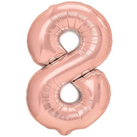 Balon din Folie Metalizata Flippy, Figurina Cifra, Tema Aniversare 40 cm, Ambalaj Individual, Pai inclus, Umflare cu Aer sau Heliu, Rose Gold, Cifra 8