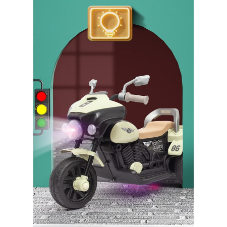 Motocicleta Electrica Flippy, cu Acumulator, cu Sistem Anti-Rasturnare, Sistem de Lumini si Muzica, Cutie de Depozitare, 1-8 Ani, 93 x 43 x 58 cm, Alb - Bej