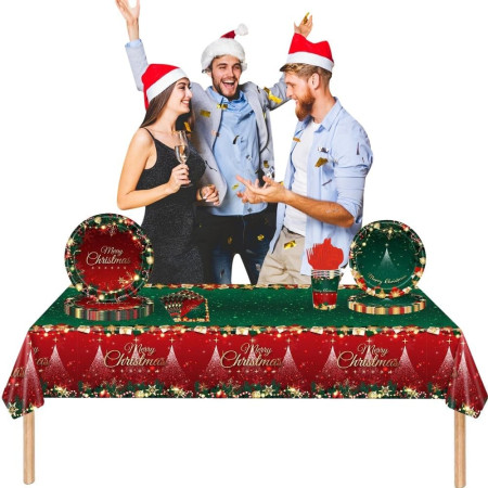 Fata de Masa Festiva, Flippy, Dreptunghiulara, Imprimeu Merry Christmas, Tema Craciun, Rezistenta la Apa, din PVC, 137 x 274 cm, Rosu/Verde