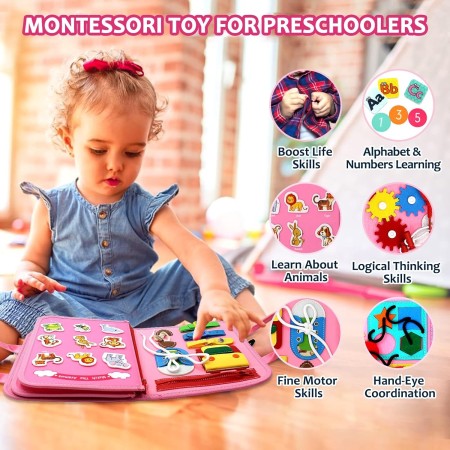 Carte Senzoriala Educativa Montessori 7in1, Flippy, 26 de Activitati, Dezvoltare Abilitati Motorii, 4 Pagini, Model Dinozauri, 28x22x7 cm, Roz