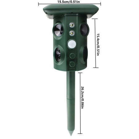 Aparat Solar LED cu Ultrasunete, Flippy, Repelent pentru Animale Mari si Mici, Lumina Rosie si Alba, Anti Rozatoare, Anti Insecte, Frecventa 13.5KHZ-45.5KHZ, Senzor PIR, 15.5 x 15.4 x 26.2 cm, Verde