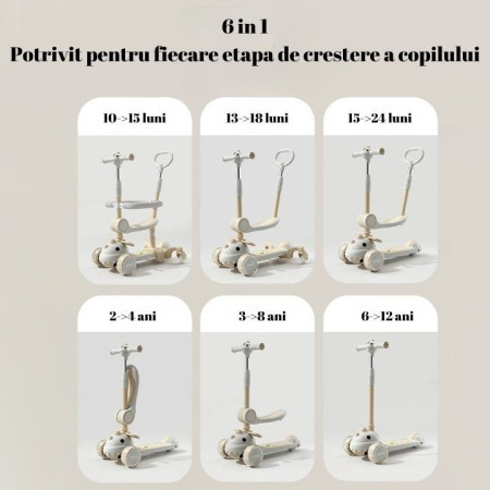 Trotineta Multifunctionala 6 in 1, Flippy, Pentru Copii De La 10 Luni Pana La 12 Ani, Cu Maner De Impingere, Reglabil 360, Pliere Usoara, Reglarea Inaltimii, Model Dinozaur, Alb/Bej, Resigilat