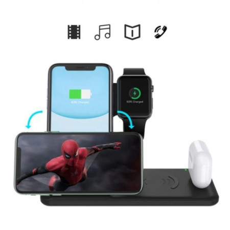 Incarcator Wireless FastCharge Flippy 4 In 1, design pliabil, 15W, Compatibil Apple Watch, Airpods, iPhone, Android, Samsung, Huawei, Xiaomi, Oppo, Negru