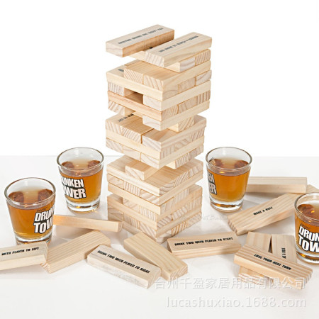 Joc de Baut Jenga Flippy, Turnul Betivului din Lemn, Piese cu Provocari, Pahare de Shot din Sticla Incluse, 19 x 7 x 20 cm