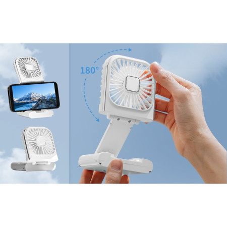 Ventilator Portabil Flippy, 3 in 1, de Mana, de Gat, de Birou, 16.7 x 8 x 1.9 cm, 3 Trepte de Viteza, Incarcare USB, Pliabil, Afisaj Digital, Suport Telefon, Alb