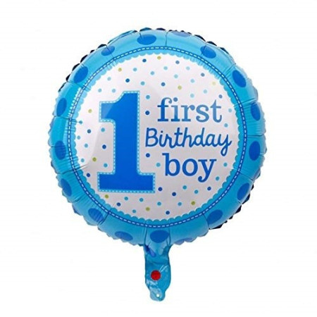 Balon din Folie Metalizata, Flippy, Prima Aniversare, Model First Birthday Boy, 45 cm, Ambalaj Individual, Pai Inclus, Umflare cu Aer sau Heliu, Albastru