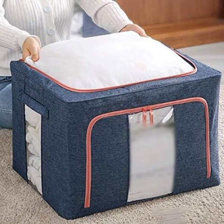 Cutie de depozitare pliabila, Flippy, Cu fermoar, 66 L, Textil, 50x40x33 cm, Albastru Marin, Cadru Metalic, Suport Baza Stabil din Plastic, Cu doua ferestre