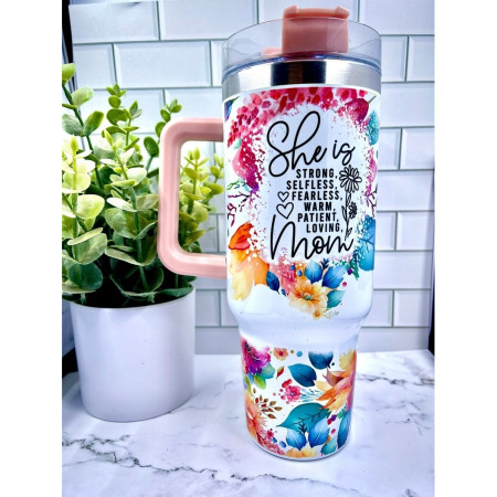 Cana Termos din Plastic, Flippy, pentru Bauturi Calde si Reci, cu Maner, Imprimeu Floral, cu Mesaj pentru Mama, Alb, 10x7.6x27.5 cm