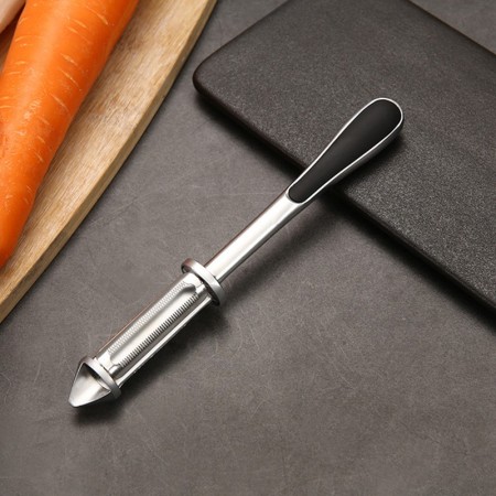 Peeler 2in1 pentru Legume si Fructe, Flippy, Multifunctional, cu 2 Lame de Curatati si Feliat, Varf Ascutit pentru Gaurit, 18 cm, din Otel Inoxidabil, Argintiu/Negru