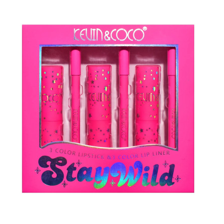 Set de Buze, KEVIN & COCO, Stay Wild, 3 Lip Stick-uri si 3 Creioane de Buze, 16.1 x 16 x 2.6 cm, Nuante Calde