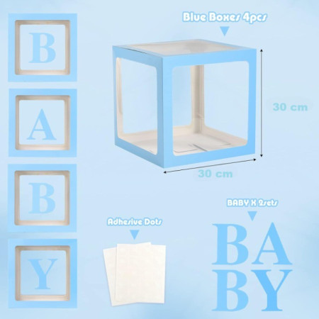 Set 4 Cutii pentru Baloane, Flippy, Model Scris Baby, Tematica Iubire, Cuburi Decorative din Plastic, Accesorii pentru Petrecere, 30 x30 cm, Transparente Contur Albastru