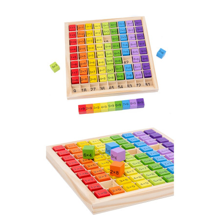 Joc Montessori din Lemn, Flippy, Tabla Inmultirii, Blocuri, Tabel de Multiplicare pana la 9x9, Multicolor, 18x18x1.5 cm