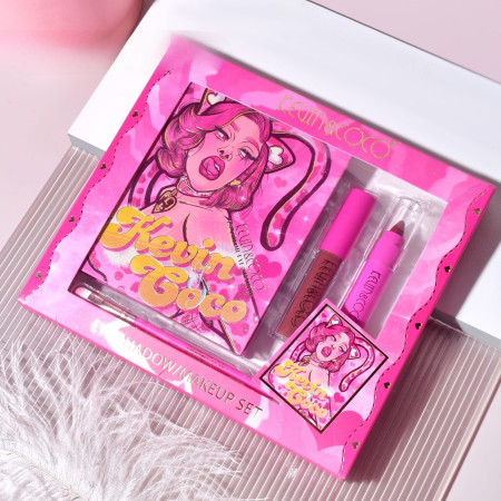 Set 4 Produse de Machiaj, KEVIN & COCO, Pink Loving-heart Leopard Girl, 18 culori, 20.5 x 18.2 x 2.2 cm