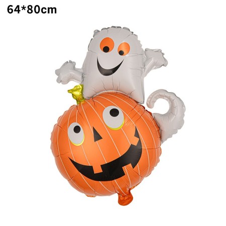 Set 5 Baloane din Folie Metalizata, Flippy, Figurine, Tema Halloween, Pai Inclus, Ambalaj Individual, Umflare cu Aer sau Heliu, Figurina Dovleac cu Fantoma 64x80 cm, Stelute si Cerculete 45 cm, Multicolor