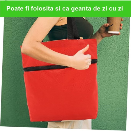 Geanta Pliabila, Flippy, 2 in 1, Carucior cu Roti, pentru Cumparaturi, 19 l, Rosu, Plastic, 39 x 46 x 12 cm