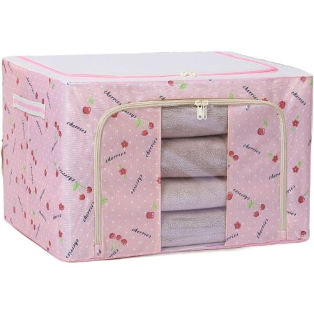 Cutie de Depozitare Pliabila, Flippy, Cu Fermoar, 66 L, Textil, 50x40x33 cm, cu Fereastra, Cadru Metalic, Suport Baza Stabil din Plastic, Imprimeu Cirese, Roz, Resigilat