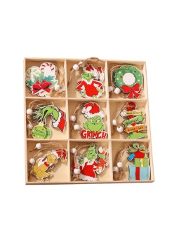 Set 18 Decoratiuni de Craciun din Lemn, Flippy, cu Snur pentru Agatare in Brad, Model Grinch, Diferite Dimensiuni, Multicolor