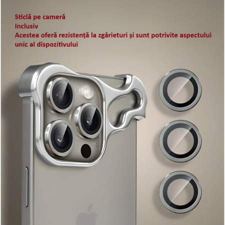 Husa Metalica Compatibila cu iPhone 15 Pro, Protectie pentru Colturile Telefonului si Camera, Lentile pentru Obiective, Aliaj, Antisoc, Antizgariere, Argintiu