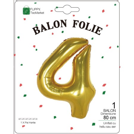 Balon din Folie Metalizata Flippy, Figurina Cifra, Tema Aniversare 80 cm, Ambalaj Individual, Pai inclus, Umflare cu Aer sau Heliu, Auriu, Cifra 4