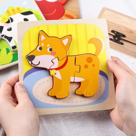 Puzzle Montessori din Lemn pentru Copii, Flippy, 3D, 0-3 Ani, Model Catel, Educativ, Intuitiv, Creativ, 3 Piese, 15x15x0.5 cm, Multicolor