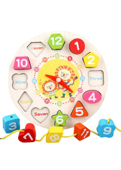 Jucarie Educativa Flippy, Tip Montessori, Model Ceas Leu, din Lemn, + 36 Luni, 12 Piese, 17 cm, Multicolor