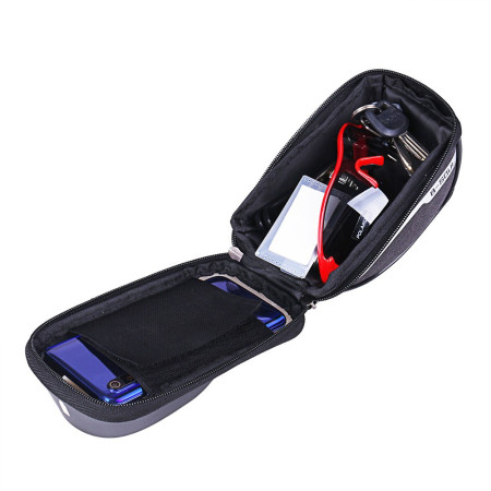 Borseta bicicleta impermeabila cu husa pentru telefon Flippy, montare pe ghidon, compatibila cu telefoane de pana la 16 cm, spatiu depozitare, 18.5x9.5 cm, rosu