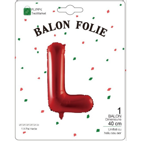 Balon Folie Metalizata Litera L, Flippy, 40 cm, Umflati cu Heliu sau Aer, Ambalaj Individual, Pai inclus, Rosu