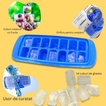 Forma pentru cuburi de gheata Flippy, 14 cuburi, reutilizabil, plastic alimentar, cu capac, orificiu umplere, dreptunghiulara, 29.5 x 12.5 x4 cm, albastru