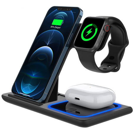 Incarcator Wireless Flippy, Statie Incarcare 3 In 1 Qi Fast Charger 15W, Incarcare Rapida, Compatibil Cu Apple Watch Toate Seriile Airpods Toate Modele si Iphone Android Samsung Huawei Xiaomi, Quick Charge, Negru