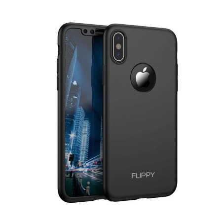 Set Husa si Folie de Protectie, Flippy, Compatibila cu Apple iPhone X, Full Cover 360°, Plastic + Sticla, Negru