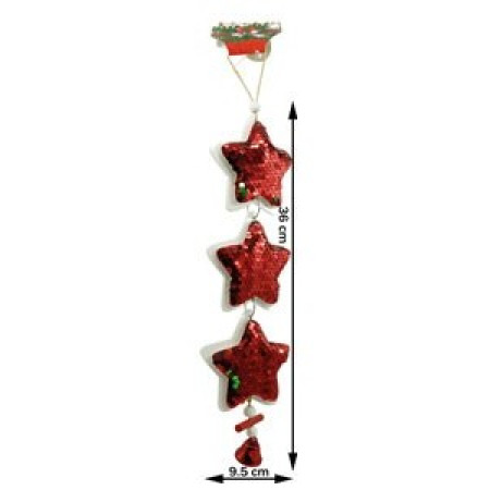 Ornament de brad trei stele cu paiete, Flippy, rosu, lemn, 36 cm