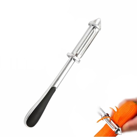 Peeler 2in1 pentru Legume si Fructe, Flippy, Multifunctional, cu 2 Lame de Curatati si Feliat, Varf Ascutit pentru Gaurit, 18 cm, din Otel Inoxidabil, Argintiu/Negru