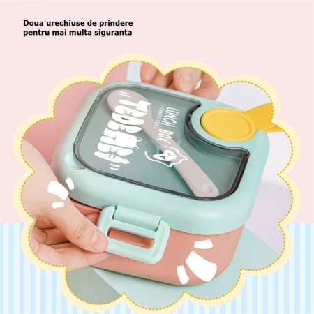 Caserola pentru copii Flippy, lunch box, 750 ml, doua boluri, lingura, foarfeca din plastic, rezistenta la scurgeri, Roz