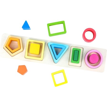 Jucarie Montessori din Lemn, Flippy, Tip Puzzle, cu 5 Forme Asimetrice, 15 Piese, Educativa, Interactiva, Creativa, Model Forme Geometrice, Materiale Non Toxice, pentru Copii peste 2 Ani, Baza 29x6.5 cm, Multicolor