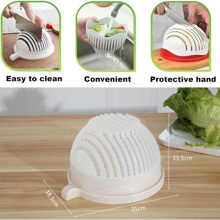 Bol Feliator pentru Salata, Flippy, Castron Multifunctional pentru Legume si Fructe, pentru Spalat si Taiat Legumele, cu Scurgere si Tocator, Ergonomic, Protectie pentru Maini, 21x18.5x11.5 cm, Alb