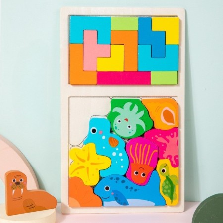 Puzzle Montessori din Lemn pentru Copii, Flippy, Tip Tetris 2in1 +3 Ani, cu Animale Marine Colorate 3D, Educativ, Intuitiv, Creativ, 21 de Piese, 28.5x17x1.2 cm, Multicolor