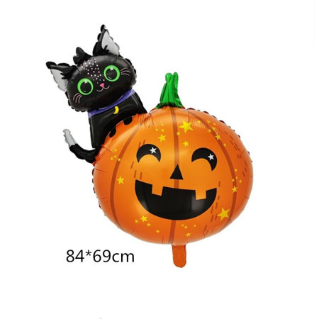 Set 5 Baloane din Folie Metalizata, Flippy, Figurine, Tema Halloween, Pai Inclus, Ambalaj Individual, Umflare cu Aer sau Heliu, Figurina Dovleac si Pisica 84x69 cm, Stelute si Cerculete 45 cm, Multicolor