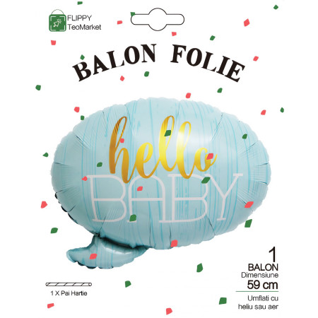 Balon din Folie Metalizata, Flippy, Figurina Norisor, Tema Hello Baby , 59x50 cm, Ambalaj Individual, Pai Inclus, Umflare cu Aer sau Heliu, Albastru