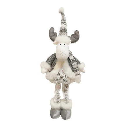 Figurina Decorativa, Pentru Craciun, Flippy, Ren, Picioare Telescopice, Inaltime Reglabila 52- 82 cm, Pantaloni Luciosi, Alb/Argintiu