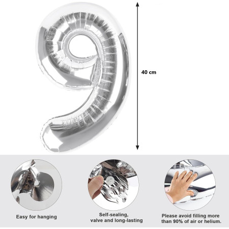 Balon din Folie Metalizata Flippy, Figurina Cifra, Tema Aniversare 40 cm, Ambalaj Individual, Pai inclus, Umflare cu Aer sau Heliu, Argintiu, Cifra 9