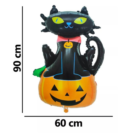 Set 5 Baloane din Folie Metalizata, Flippy, Figurine, Tema Halloween, Pai Inclus, Ambalaj Individual, Umflare cu Aer sau Heliu, Figurina Dovleac si Pisica 90x60 cm, Stelute si Cerculete 45 cm, Portocaliu-Negru