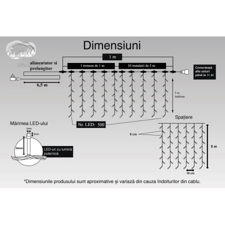 Instalatie Craciun Profesionala de Exterior IP65, Tip Perdea, 1m x 5m, 500 Led-uri Mari, Alb cald, cu flash, Alimentator si prelungitor 6,5 m, Interconectabila, Fir negru, Flippy