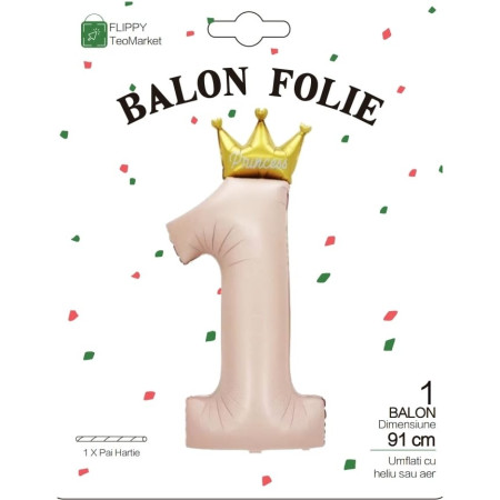 Balon din Folie Metalizata, Flippy, Figurina Cifra 1, Model Coroana Printesa, 91 cm, Ambalaj Individual, Pai inclus, Umflare cu Aer sau Heliu, Roz