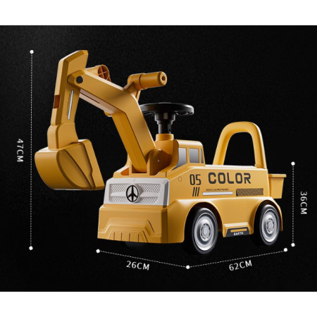 Excavator Manual pentru copii, Flippy, 3 ani, Sport, Claxon, Cutie Depozitare, Lumini, Scaun, 62x26x47 cm, Galben