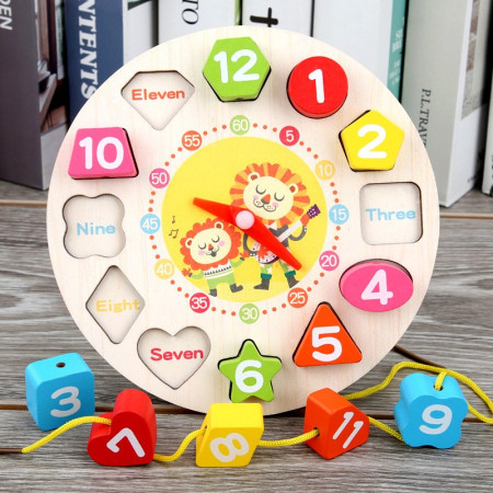 Jucarie Educativa Flippy, Tip Montessori, Model Ceas Leu, din Lemn, + 36 Luni, 12 Piese, 17 cm, Multicolor