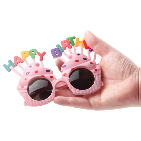 Ochelari Happy Birthday, Flippy, Tematica Aniversare, Protectie Soare, din Plastic, Model Prajiturele, 18.5x11.5 cm, Roz