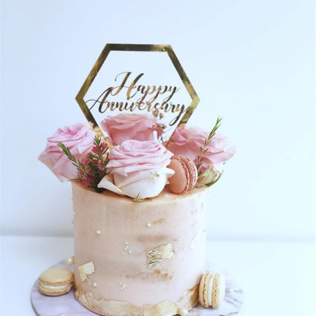 Decoratiune Topper pentru Tort, Flippy, Model Hexagon Scris Happy Birthday, Tematica Aniversare, Auriu