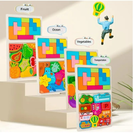 Puzzle Montessori din Lemn pentru Copii, Flippy, Tip Tetris 2in1, +3 Ani, cu Masini Colorate 3D, Educativ, Intuitiv, Creativ, 21 de Piese, 28.5x17x1.2 cm, Multicolor