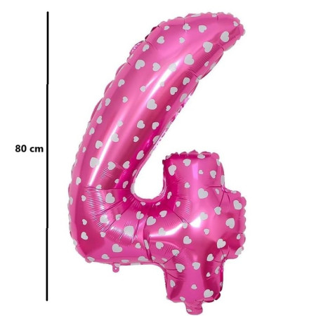 Balon din Folie Metalizata Flippy, Figurina Cifra, Imprimeu Inimi, Tema Aniversare 80 cm, Ambalaj Individual, Pai inclus, Umflare cu Aer sau Heliu, Roz, Cifra 4