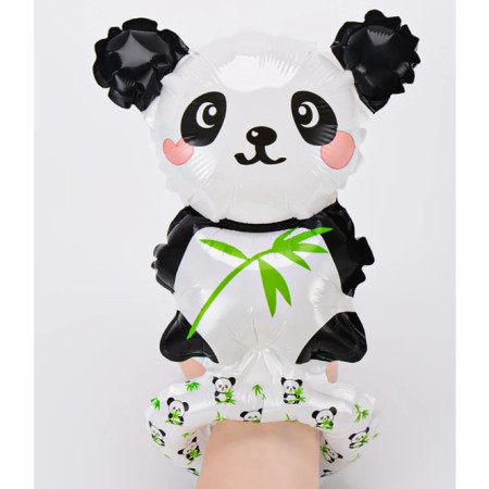 Balon din Folie Metalizata, Flippy, Figurine Animalute, Tip Bratara, Model Panda, 13 x 35 cm, Ambalaj Individual, Pai Inclus, Umflare cu Aer sau Heliu, Alb/Negru